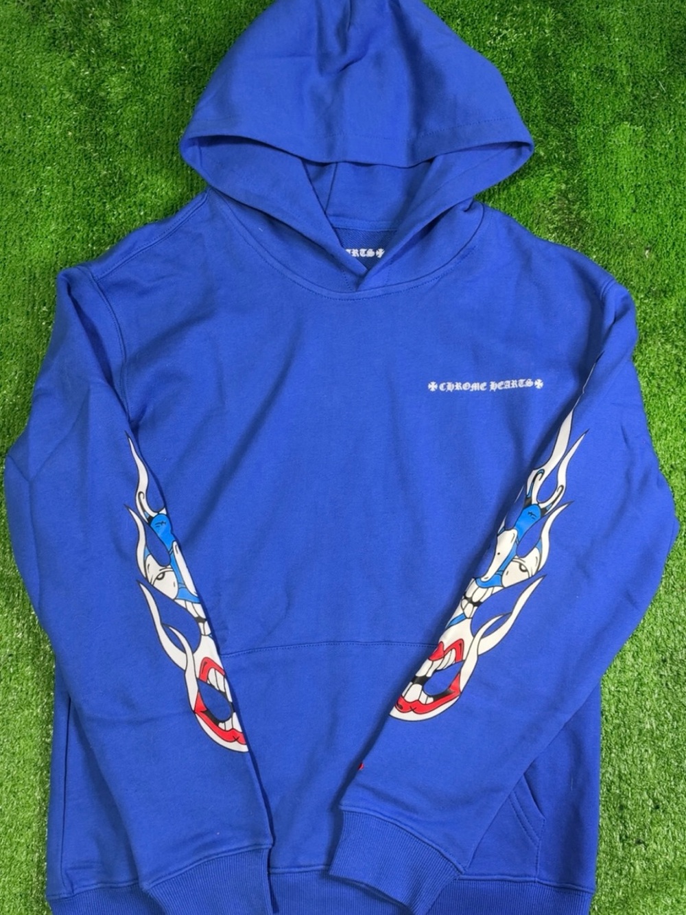 Chrome Hearts Royal Blue Graphic Flame Sleeve Hoodie